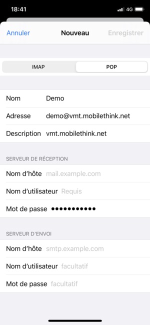 Sélectionnez POP ou IMAP et saisissez les informations e-mail pour SERVEUR DE RÉCEPTION