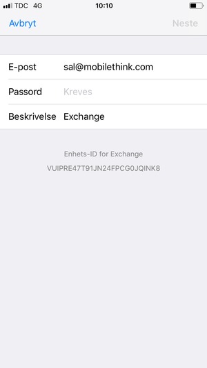 Skriv inn Exchange e-postinformasjon og velg Neste