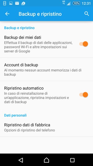 Seleziona Account di backup