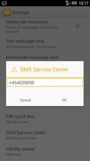 Enter the SMS Service Center number and select OK