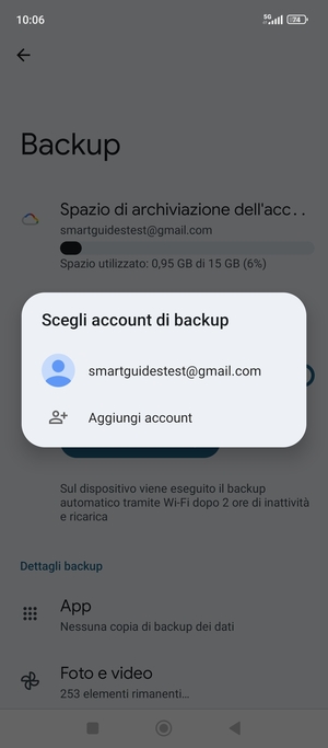 Seleziona il tuo account di backup