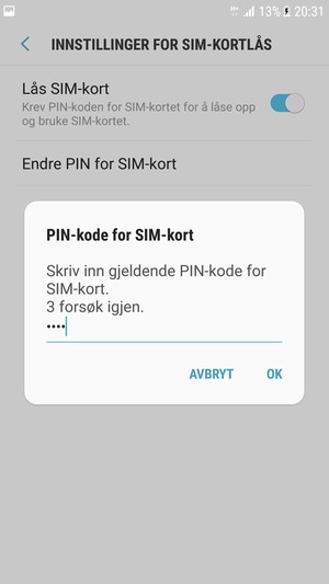 Skriv inn Gjeldende PIN-kode for SIM-kort og velg OK