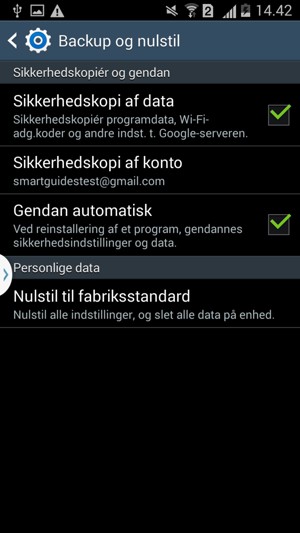 Aktiver Sikkerhedskopi af data / Sikkerhedskopiér mine data og vælg Sikkerhedskopi af konto