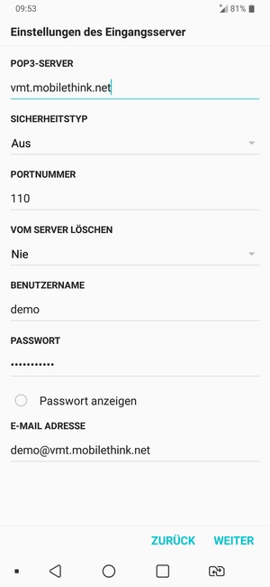 Geben Sie Eingang Server-Adresse und Benutzername ein. Wählen Sie WEITER