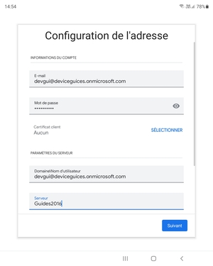 Saisissez votre Nom d'utilisateur et l'adresse du serveur Exchange. Sélectionnez Suivant
