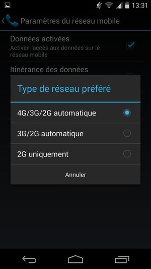 Sélectionnez 2G uniquement / GSM uniquement pour activer la 2G