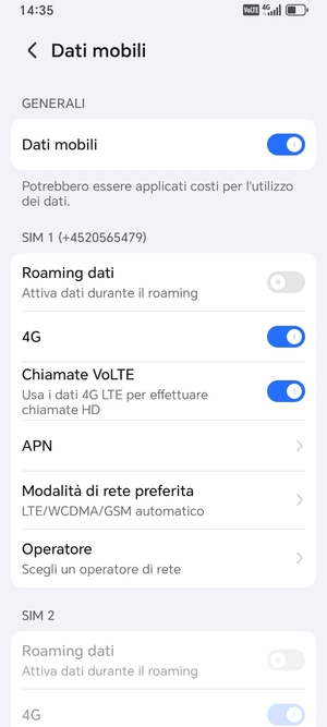 Scorri fino a SIM 1 o SIM 2 e seleziona APN