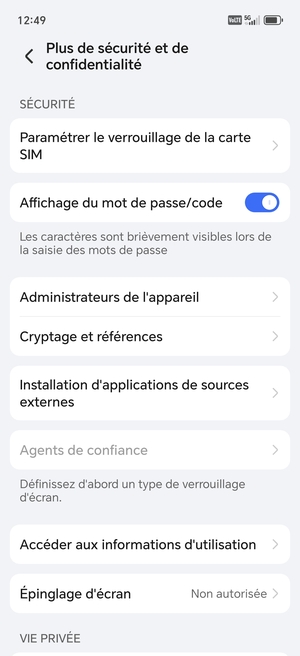 Sélectionnez Paramètres le  verrouillage de la carte SIM