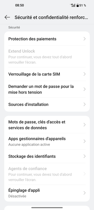 Faites défiler et sélectionnez Verrouillage de la carte SIM