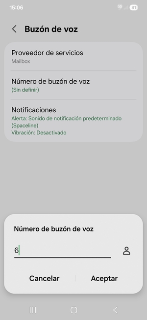 Introduzca el Número de buzón de voz y seleccione Aceptar